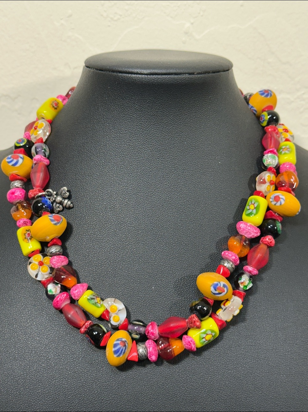 Chico's Vintage Double Strand Millefiori Art Glass Bead Statement Necklace